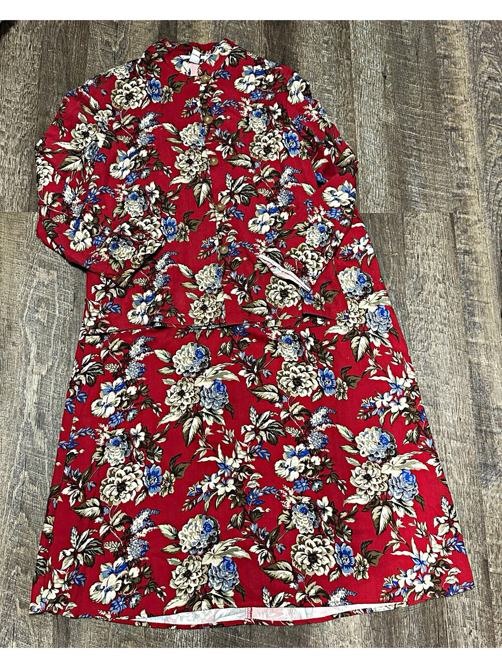Vintage C.M. Shapes Floral 2-Piece Skirt Suit Red Blue White Rayon Sz S/M